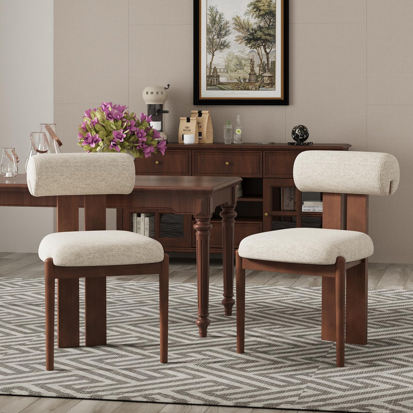 Dining Chairs Set of 2, Dining Room Chairs Upholstered Chenille Fabric, Wooden Kitchen Chairs with Padded Seat & Solid Wood Frame