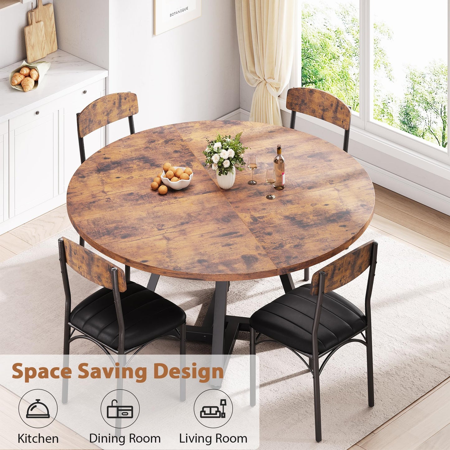 Jocoevol Round Dining Table and 4 Chairs Set of 4-6, Circle Dinner Table with Metal Frame, Space Saving Wood Industrial Furniture (Vintage, 47 inch)