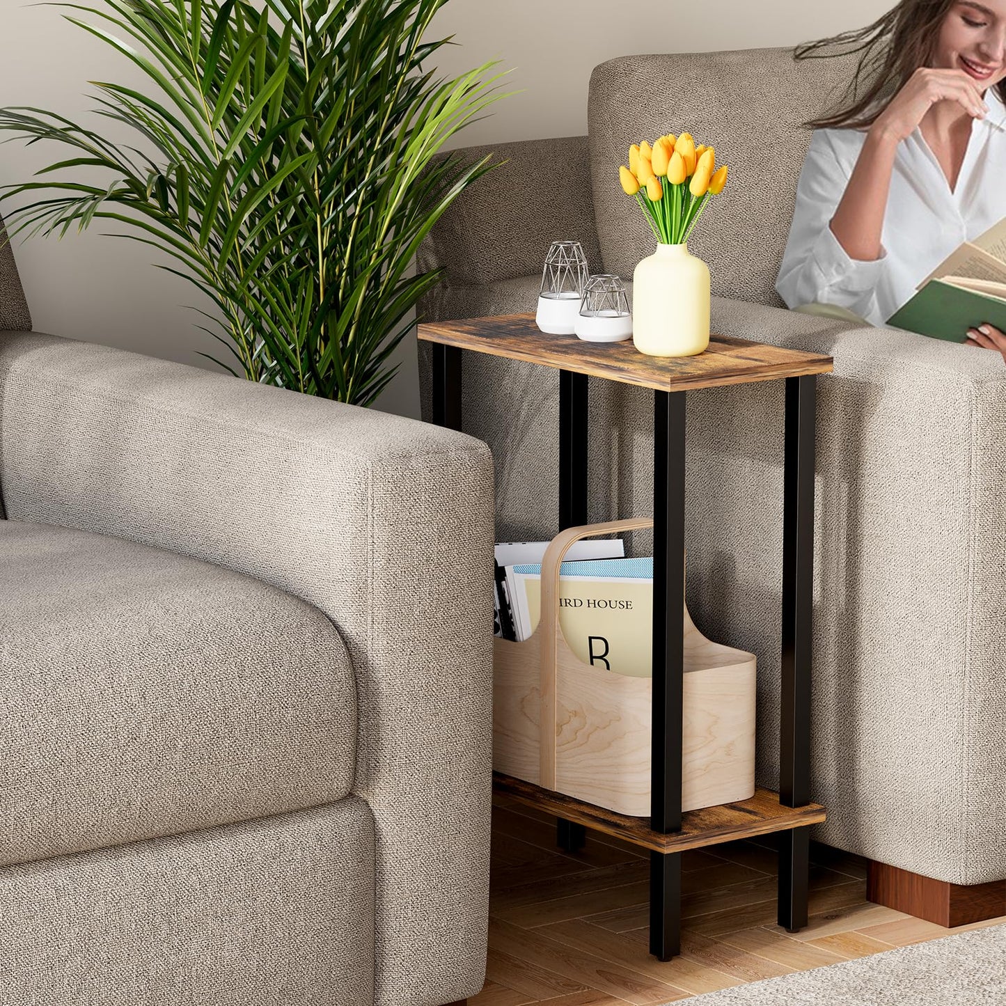 Small Narrow Side Table, 2-Tier for Living Room, Bedroom,Brown,40x20x57cm