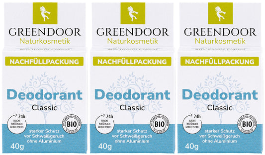 GREENDOOR Deodorant Refill System, 3 x 40 g Refills Classic, Refillable Solid Deodorant without Aluminium, Safe Strong Protection, Vegan, Subtle