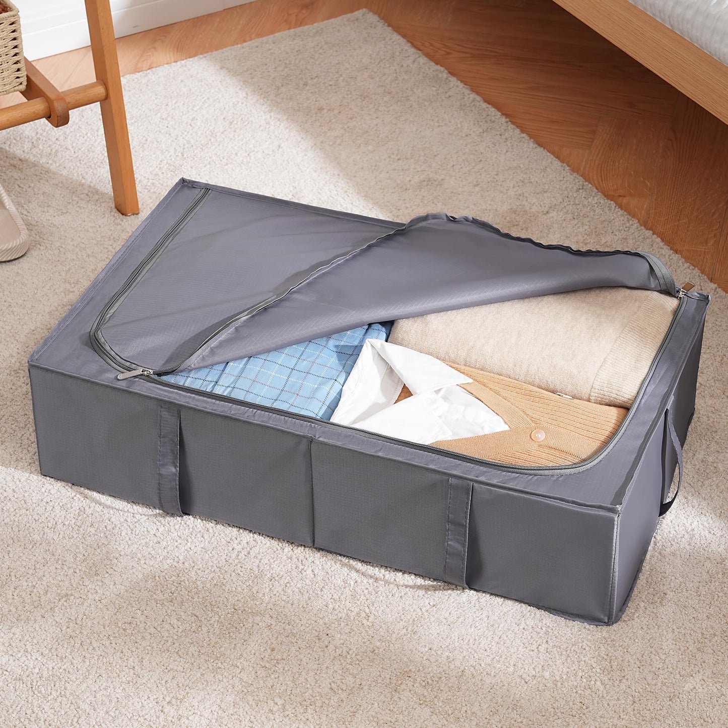 TYEERS Under Bed Storage Box with Lid, Durable Fabric, Washable, Collapsible, Under Bed Storage for Clothes, Blankets, Sheets, Shoes, 70x42x18 cm,