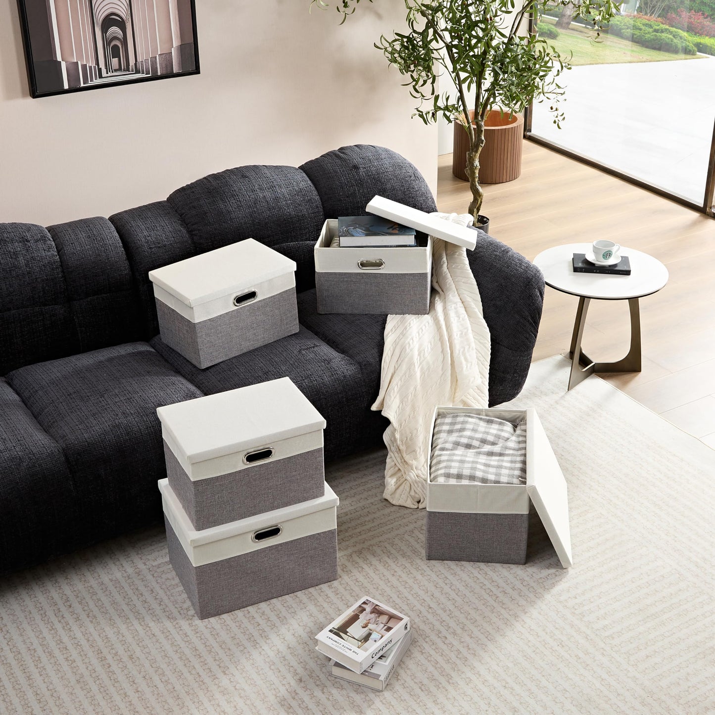 AlphaHome Storage Boxes with Lids, Glaucous Grey and White(2 Pack, Large)