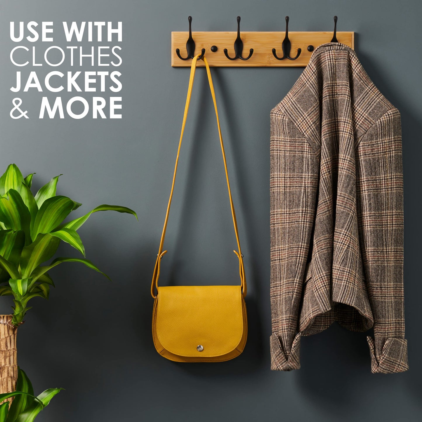 LARHN Wooden Wall-Mounted Coat Rack - 4 Black Coat Hooks, 42cm