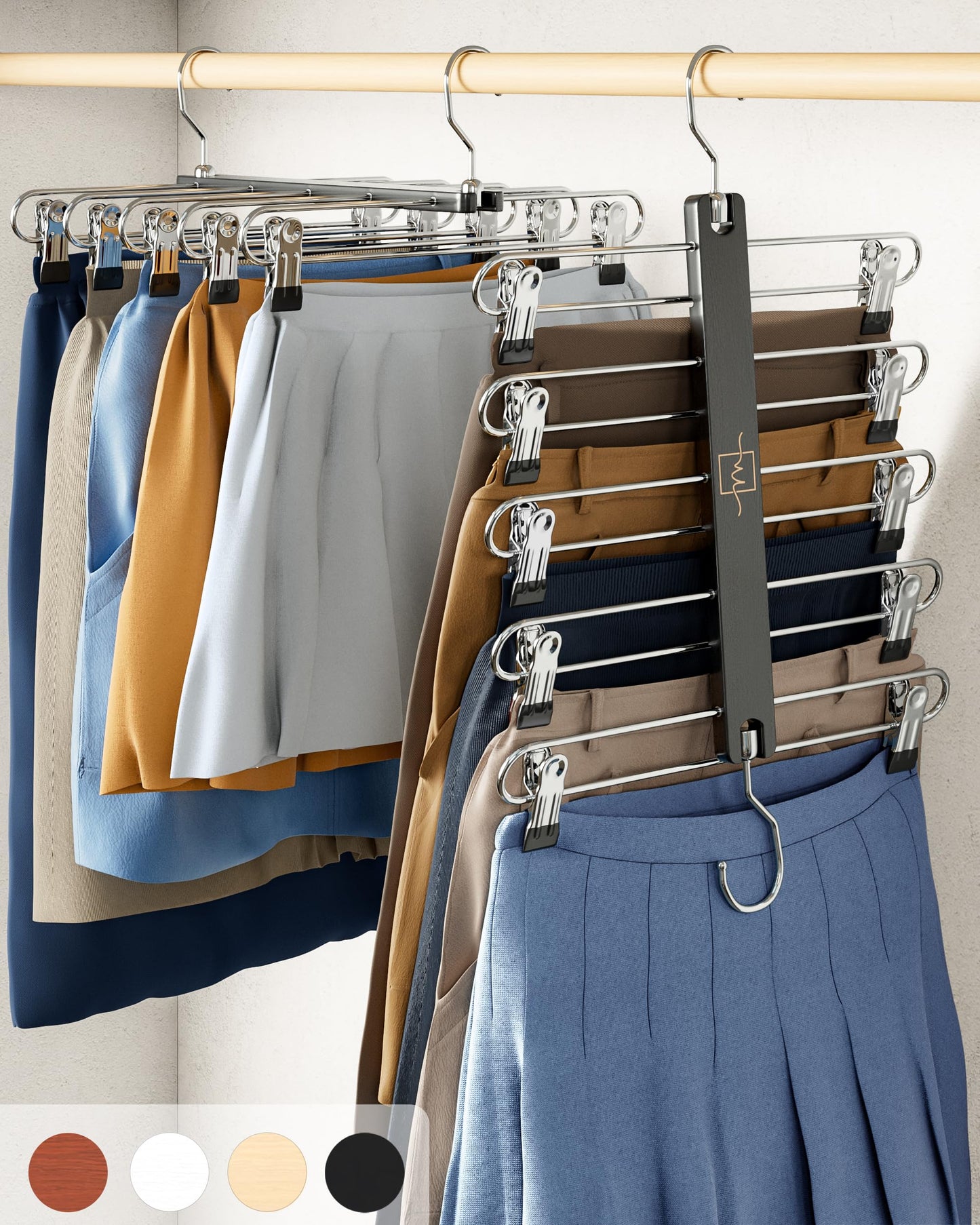 MORALVE Skirt Hangers Space Saving with Clips - 2 Pack - European Beechwood 5-Tier Hanger for Shorts, Skirts, and Trousers