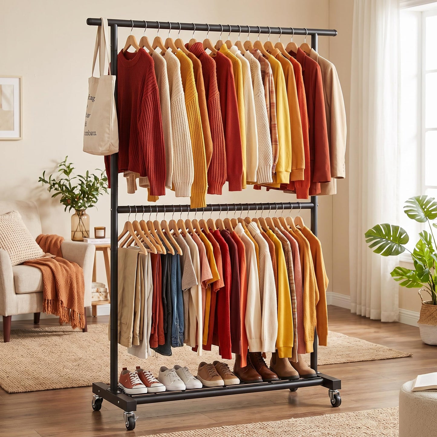 Sywhitta Double Rod Clothing Garment Rack, Rolling Coat Hanger with Bottom Mesh, Clothing Rack for Hanging Clothes, Coats, Skirts, Sweaters, Black