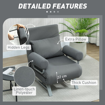 HOMCOM Single Sofa Bed, 3-in-1 Convertible Folding Chair Bed with Adjustable Backrest, Removable Armrests, Dark Grey