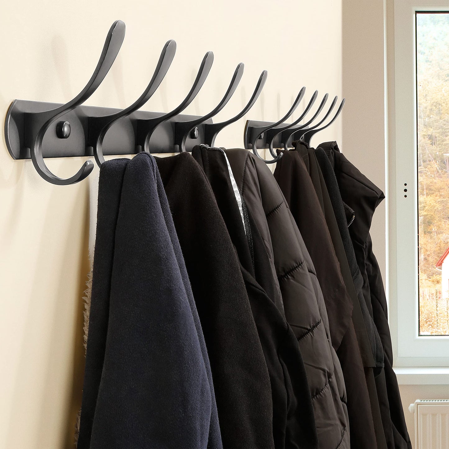 SKOLOO Modern Metal Coat Rack Wall Mount with 5 Hooks, Pack of 2, Sturdy Wall Coat Hooks for Hanging Coats, Jacket, Clothes, Hat, Matte Black