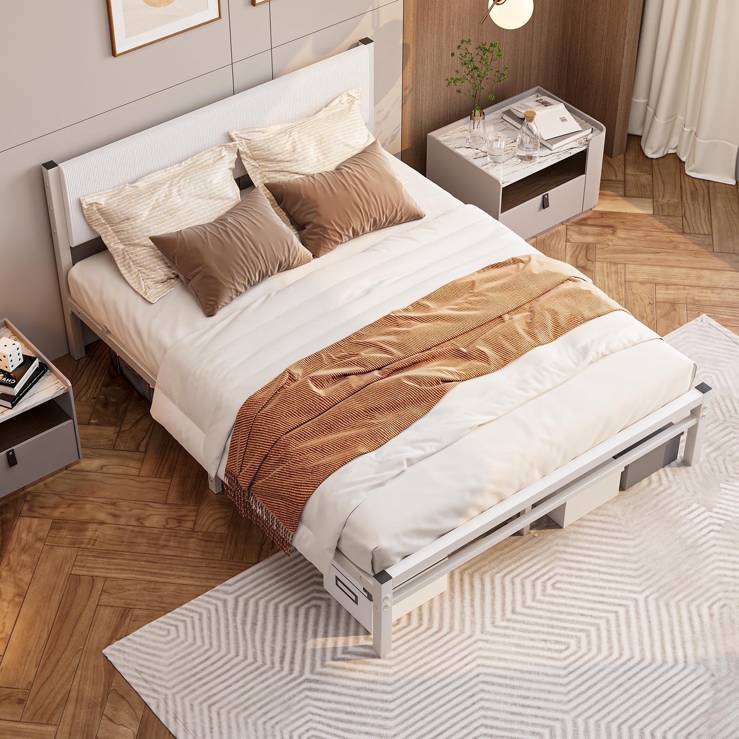 JUISSANO Upholstered Bed 140 x 200 cm Bed Frame Youth Bed Frame Bed 140 x 200 cm with Storage Space and Metal Slatted Frame, Padded Pedestal