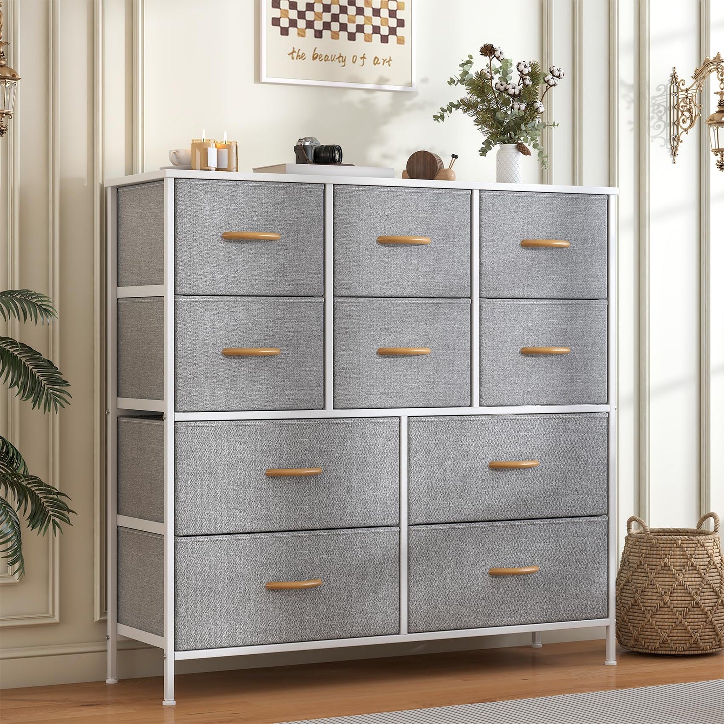 Feonase Chest of Drawers, Bedroom Tall Dresser with 10 Fabric Drawers, Metal Frame & MDF Wood Top, Adjustable Feet