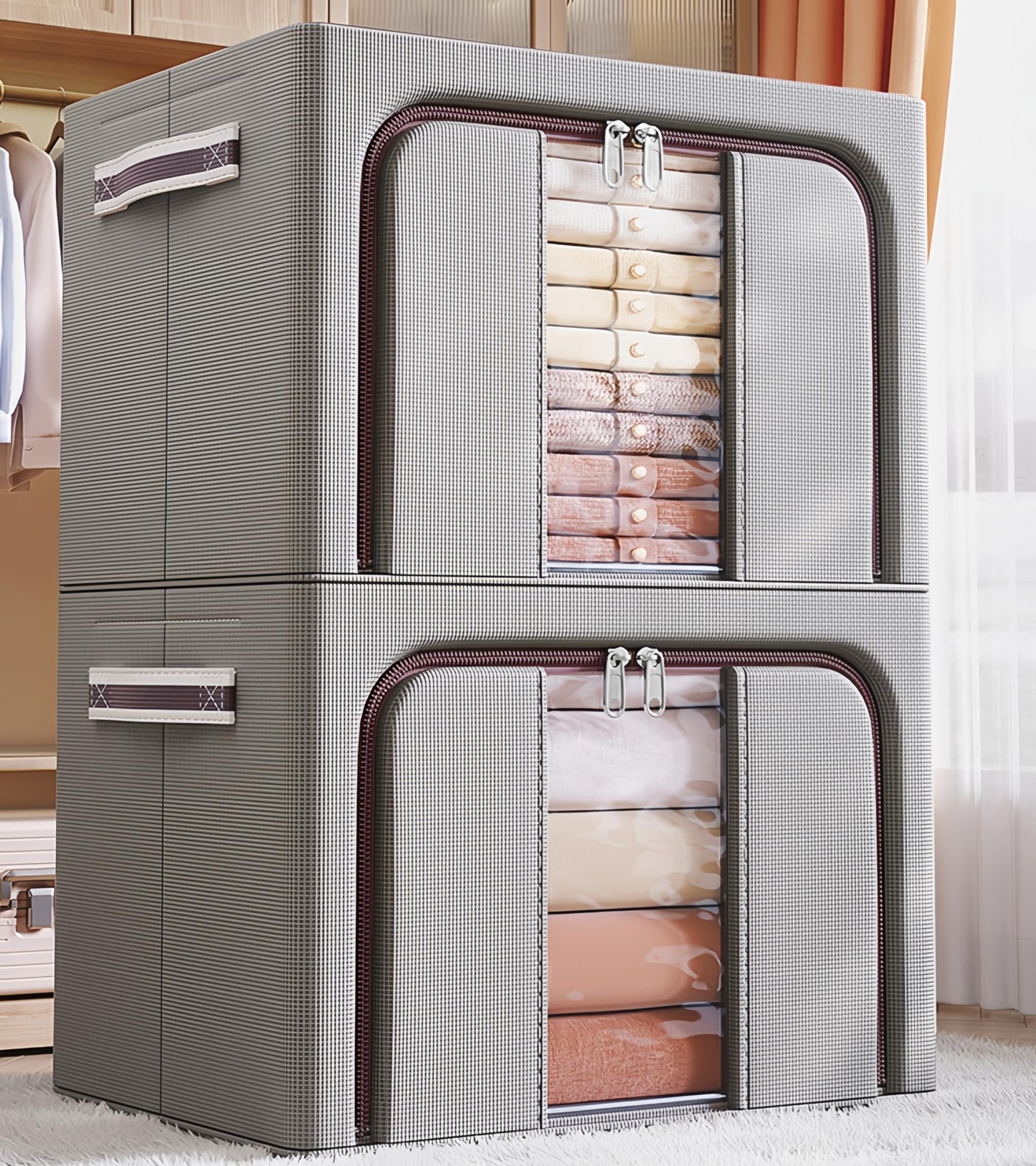 closet organizers and storage，Foldable Oxford cloth steel frame box，transparent window and handle, waterproof, can accommodate large capacity clothes