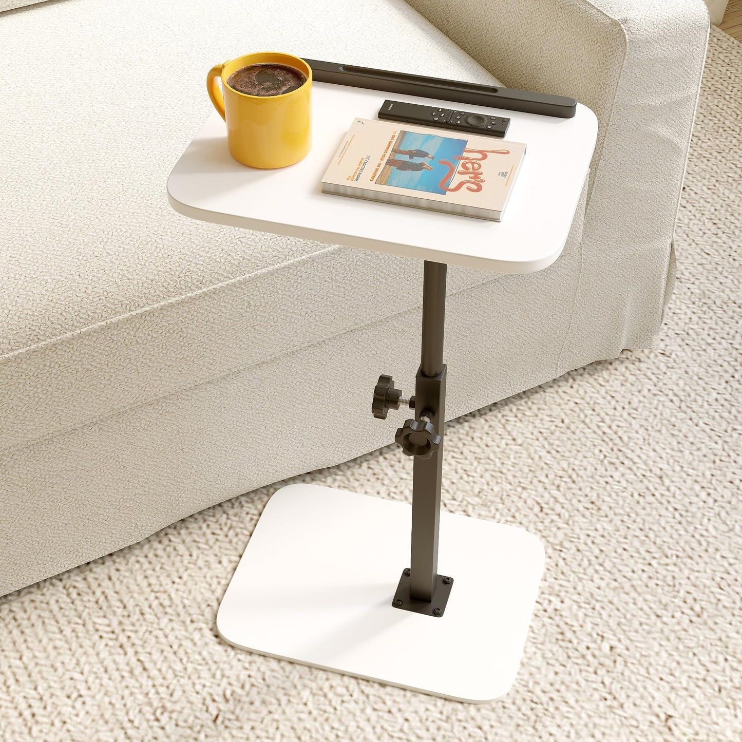 Xyphren C Shaped Side Table, 40x30cm Height Adjustable End Table for Small Spaces, 360° Swivel with Anti-Slip Bar