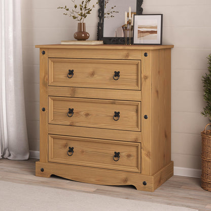 Corona Chest of Drawers 3 Drawer Mexican Solid Pine Wood Natural Wax Finish Black Metal Hardware