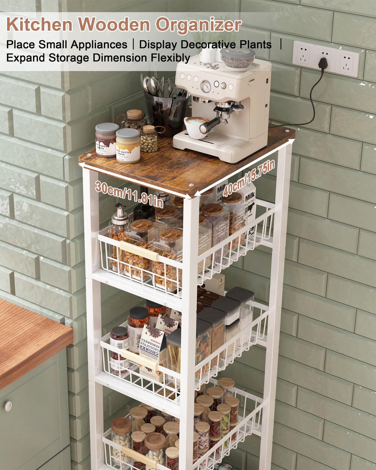 Ornestia 5-tier Vegetable Rack with Wooden Top for Kitchen Storage（White
