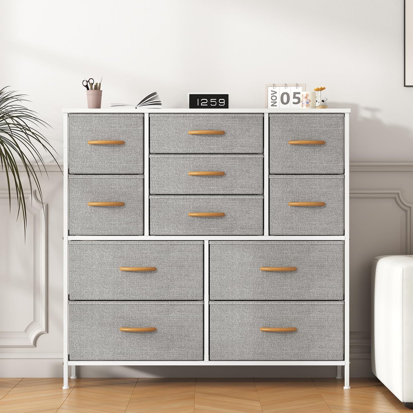 Feonase Chest of Drawers,Bedroom Tall Dresser with 11 Fabric Drawers, Metal Frame & MDF Wood Top, Adjustable Feet, Storage Organizer Unit for Bedroom