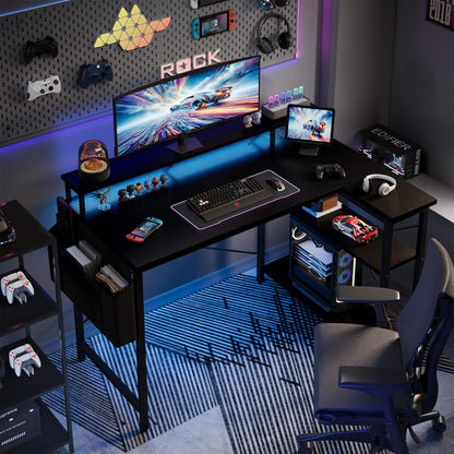 Grandder 100cm Reversible L-Shaped Gaming Desk with Power Sockets & LED Lights, Carbon Fibre Computer Table with Long Monitor Stand