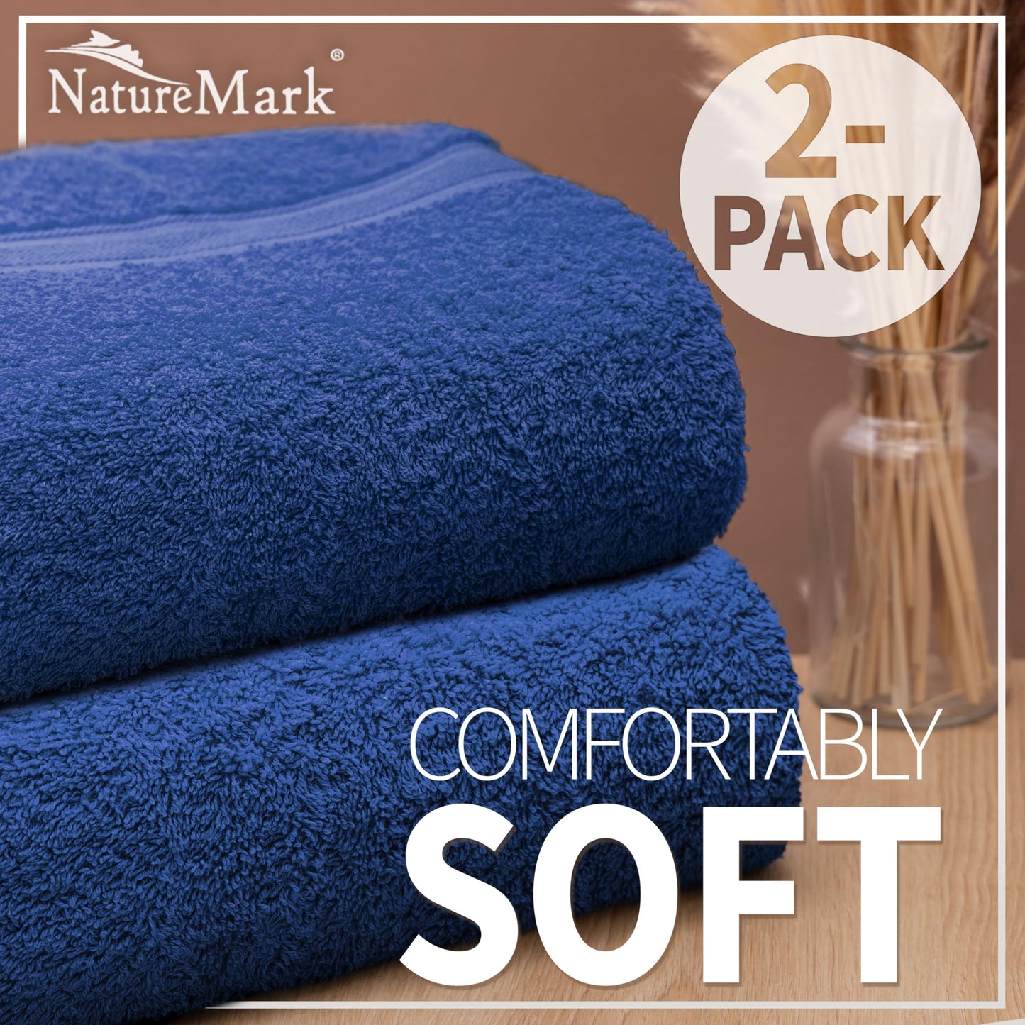 NatureMark Pack of 2 Bath Towels - 100% Cotton, 500 g/m² - Soft, Absorbent & Durable - For Home, Sauna & Travel - 70 x 140 cm, Royal Blue