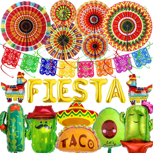 Mexican Party Decorations Fiesta Banner - 33 Pcs Balloons Multicoloured Papar Fans Cactus Mexican Hat Burrito Hanging Swirls For Fiesta Theme Cinco De