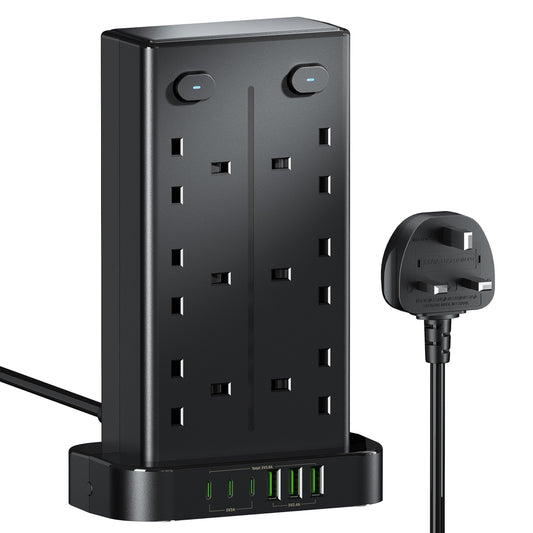 Tower Extension Lead with USB C Slots, 12 Way Multi Plug Socket Extension with 6 USB Ports, Overload Protected Extension Lead with 4 Switch Tower