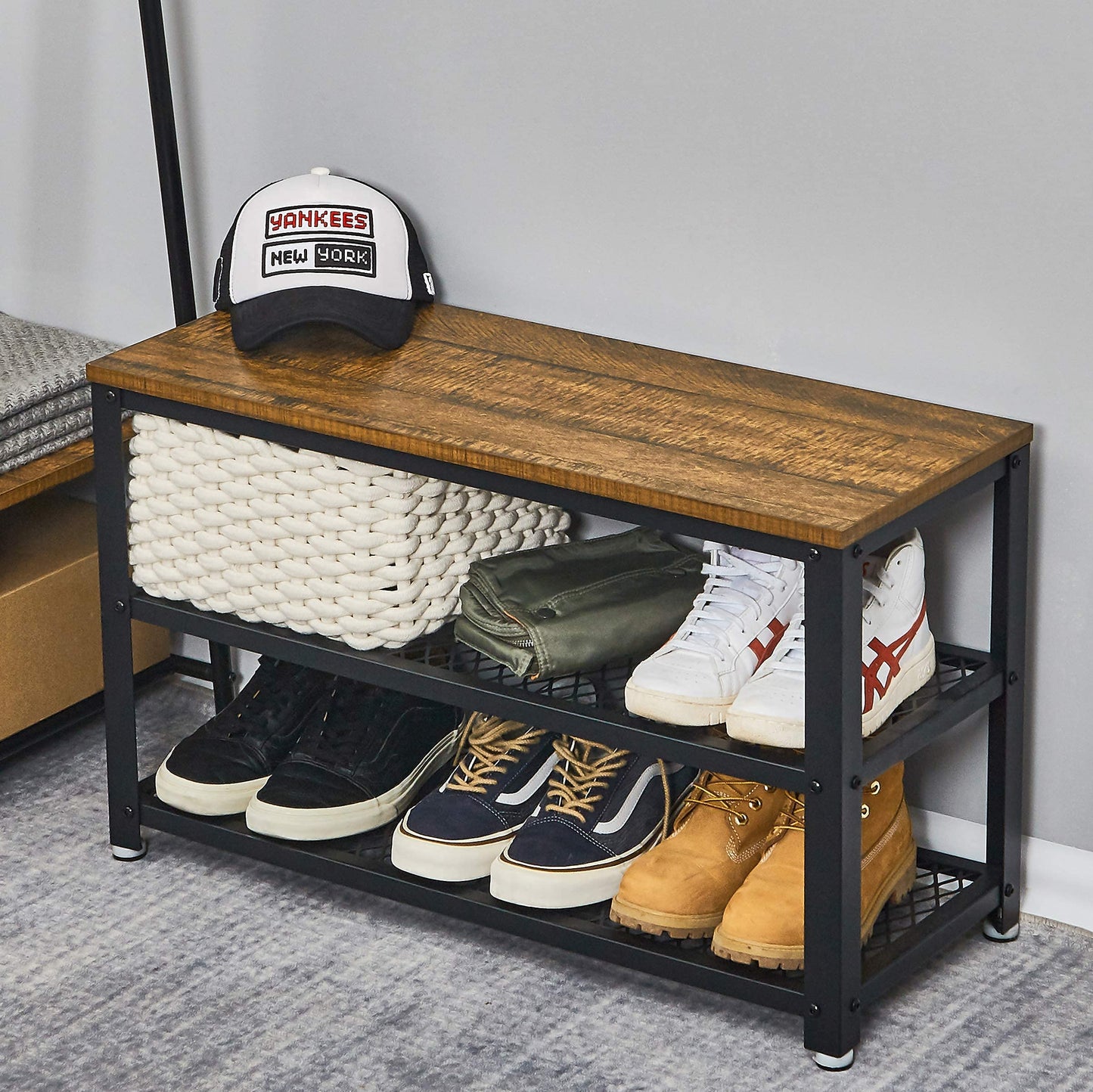 Mondeer Meerveil Shoe Bench, Shoe Rack with 2 Metal Mesh Shelves Industrial Design for Living Room Hallway Entryway, 73 x 30 x 45 cm, Rustic Brown