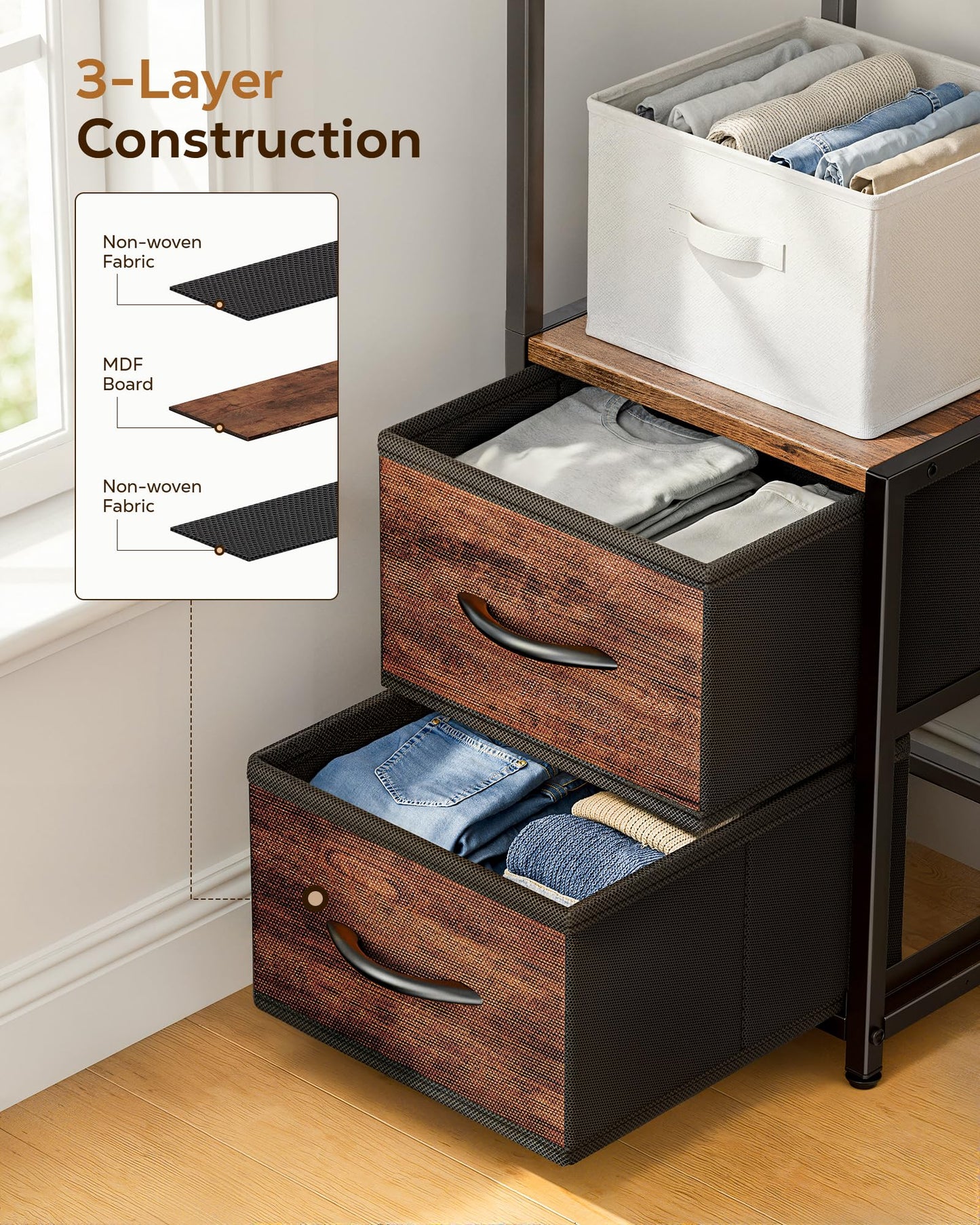 Housolution 6 Tier Corner Shelf Stand with Storage and Fabric Drawers,Brown