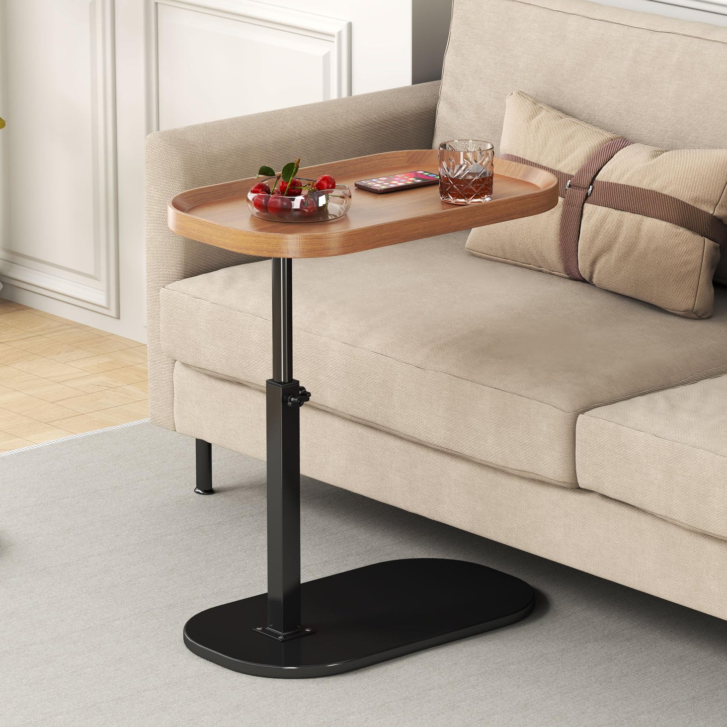 YUTVCZO Adjustable Height C Shaped Side Table, 360°Swivel Sofa C Tables That Slide Under, Small Tv Tray for Sofa Arm and Bedside