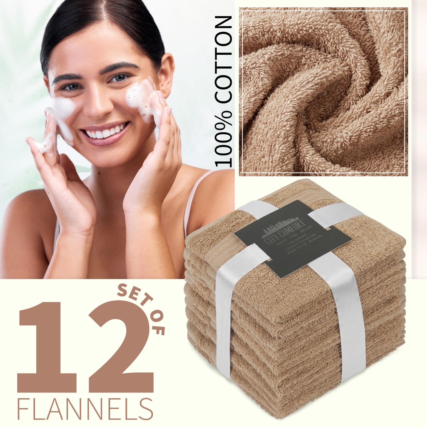 CityComfort Flannels Pack of 12 Face Towels 100% Cotton 550 GSM 30x30cm Highly Absorbent Soft Wash Cloth Household Essentials (Brown - 12 Pack)
