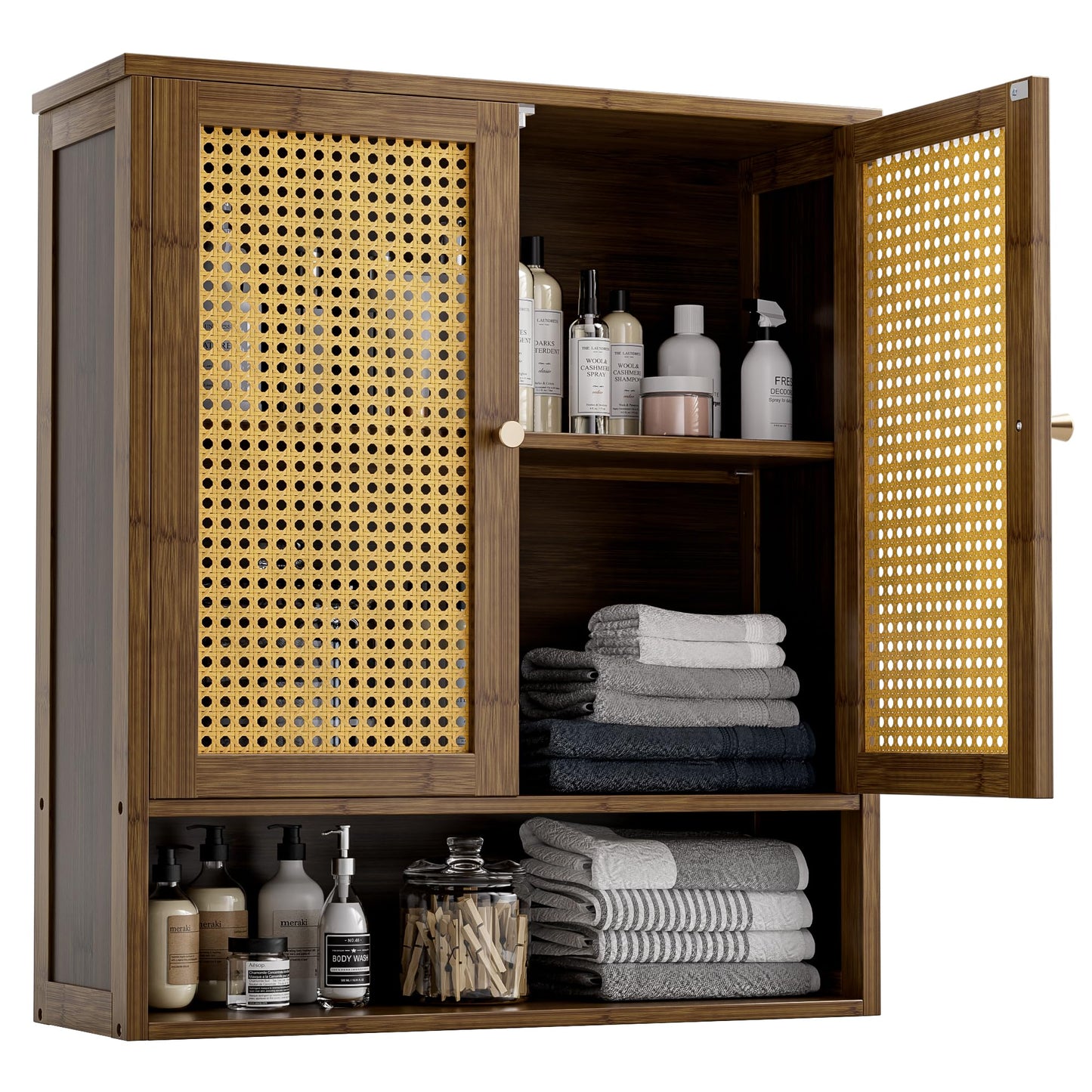 vovala Bathroom Wall Cabinet, Bamboo Over-The-Toilet Storage Organizer with 2 Rattan Doors and Adjustable Shelf
