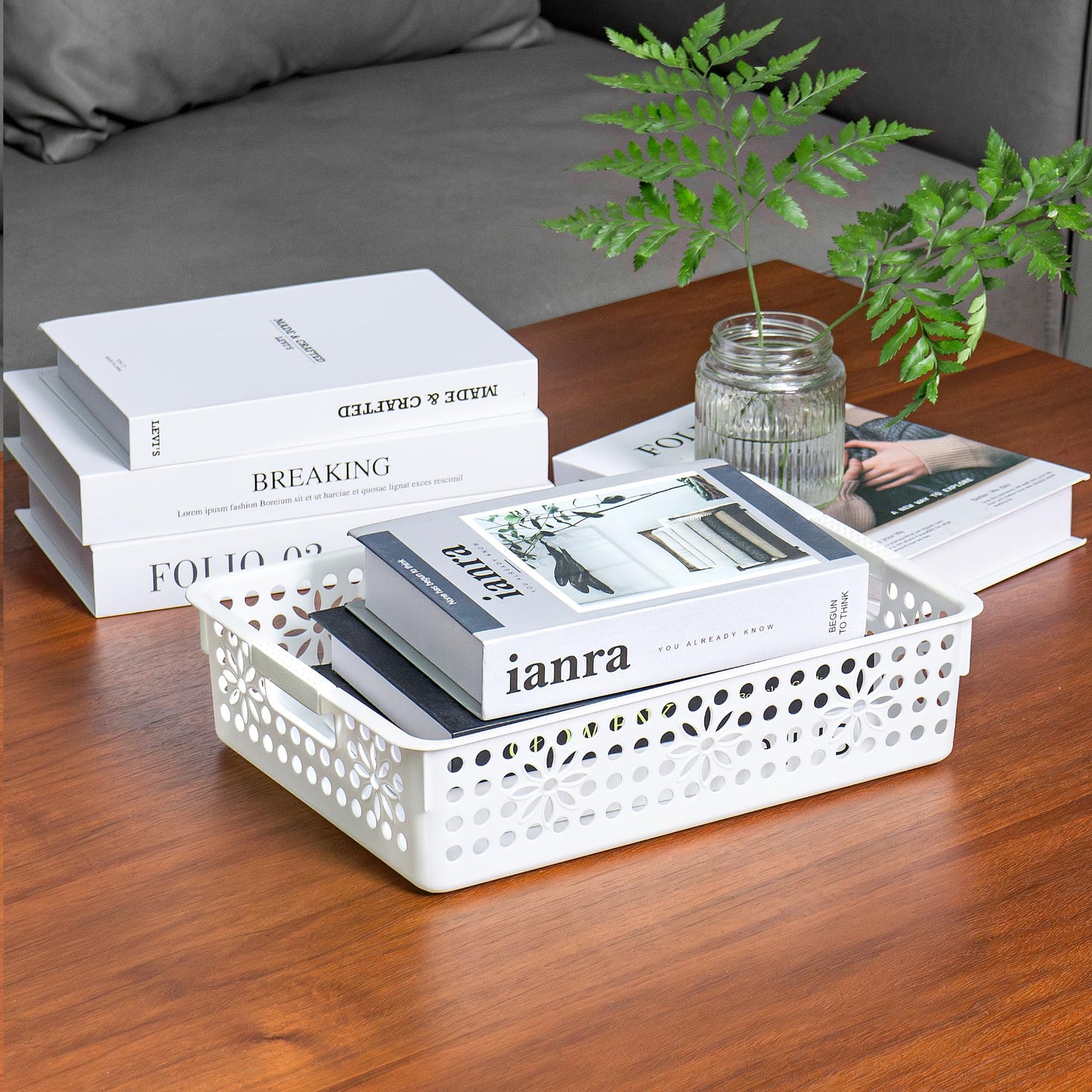 Cetomo Plastic Storage Box, Storage Baskets with Handle, Shelf Basket Organizer with Hole, Open Top Storage Bin for Home Kitchen Office, White