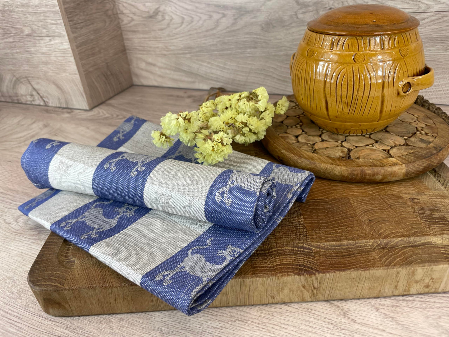Ger3as Set of 2 Gourmet Tea Towels, Kitchen Towels, Linen Cotton Hand Towels, 50 x 70 cm, Half-Linen Stonewashed Jacquard or Printed Tea Towels