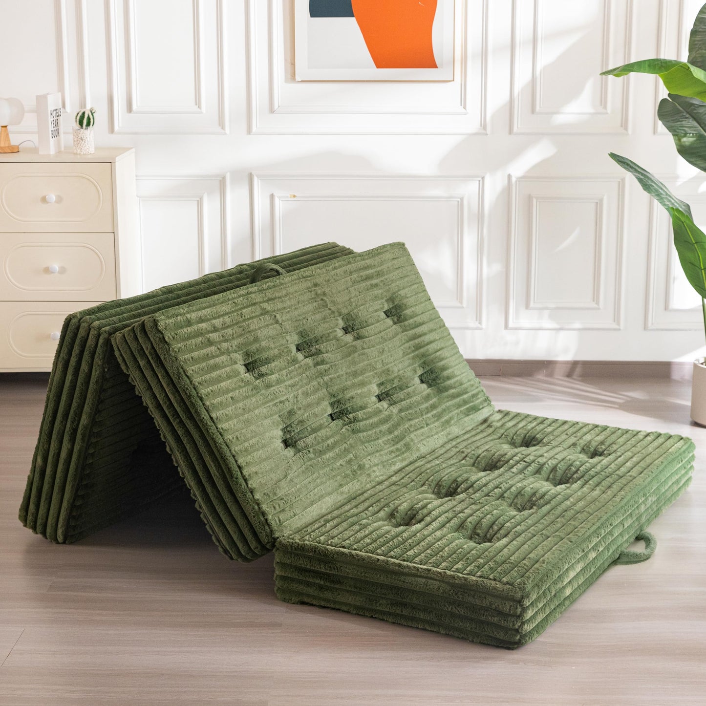 MAXYOYO Folding Mattress Single, 15cm Upholstered Foldable Mattress with Premium Faux Fur Fabric, Tri-Fold Floor Futon Sofa Bed for Living Room/Guest