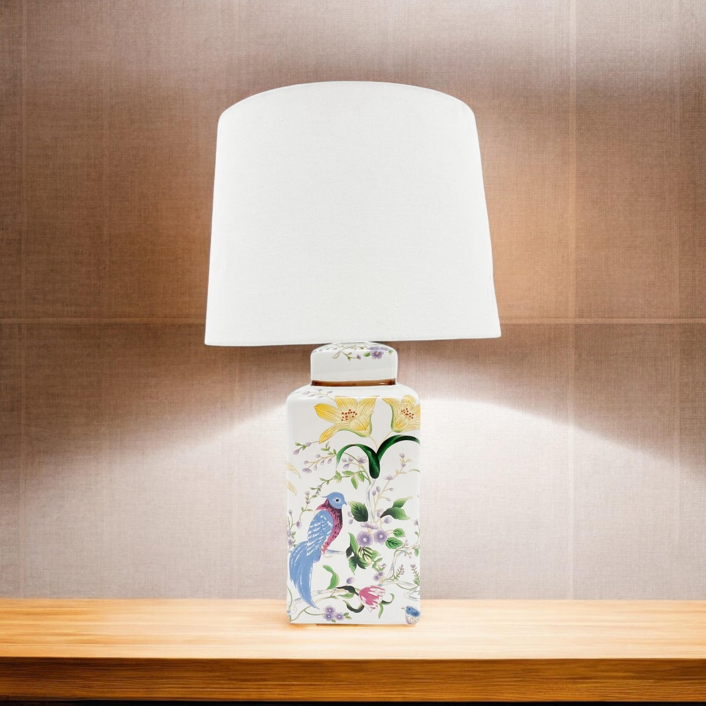 Modern Ceramic Table Lamp – Stylish Ceramic Lamp Available in Three Sizes, Ideal for Providing Soft, Ambient Lighting in Your Bedroom, Living Room, or Office (Floral & Bird Design with White Shade)