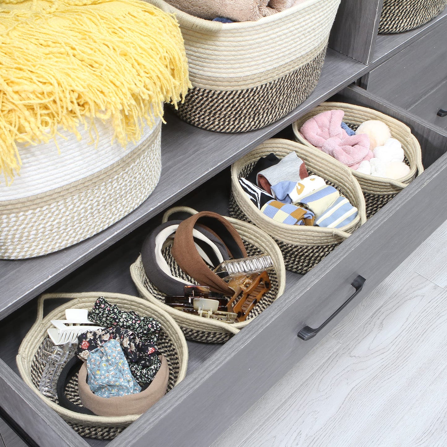 Sea Team 2 Pack Mottled Flaxen Khaki Cotton Rope Round Storage Trays