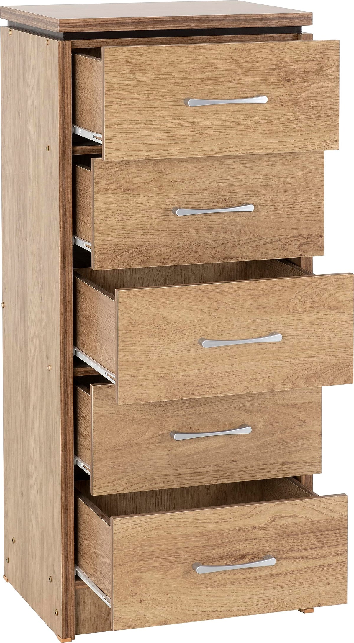 Seconique Charles 5 Drawer Narrow Chest in Oak Effect Veneer