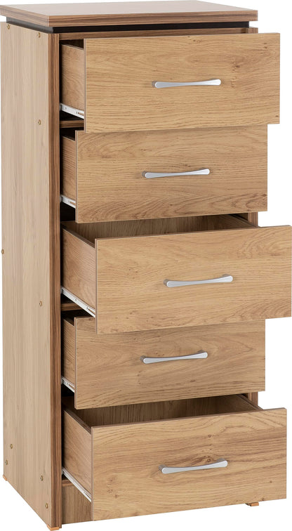 Seconique Charles 5 Drawer Narrow Chest in Oak Effect Veneer