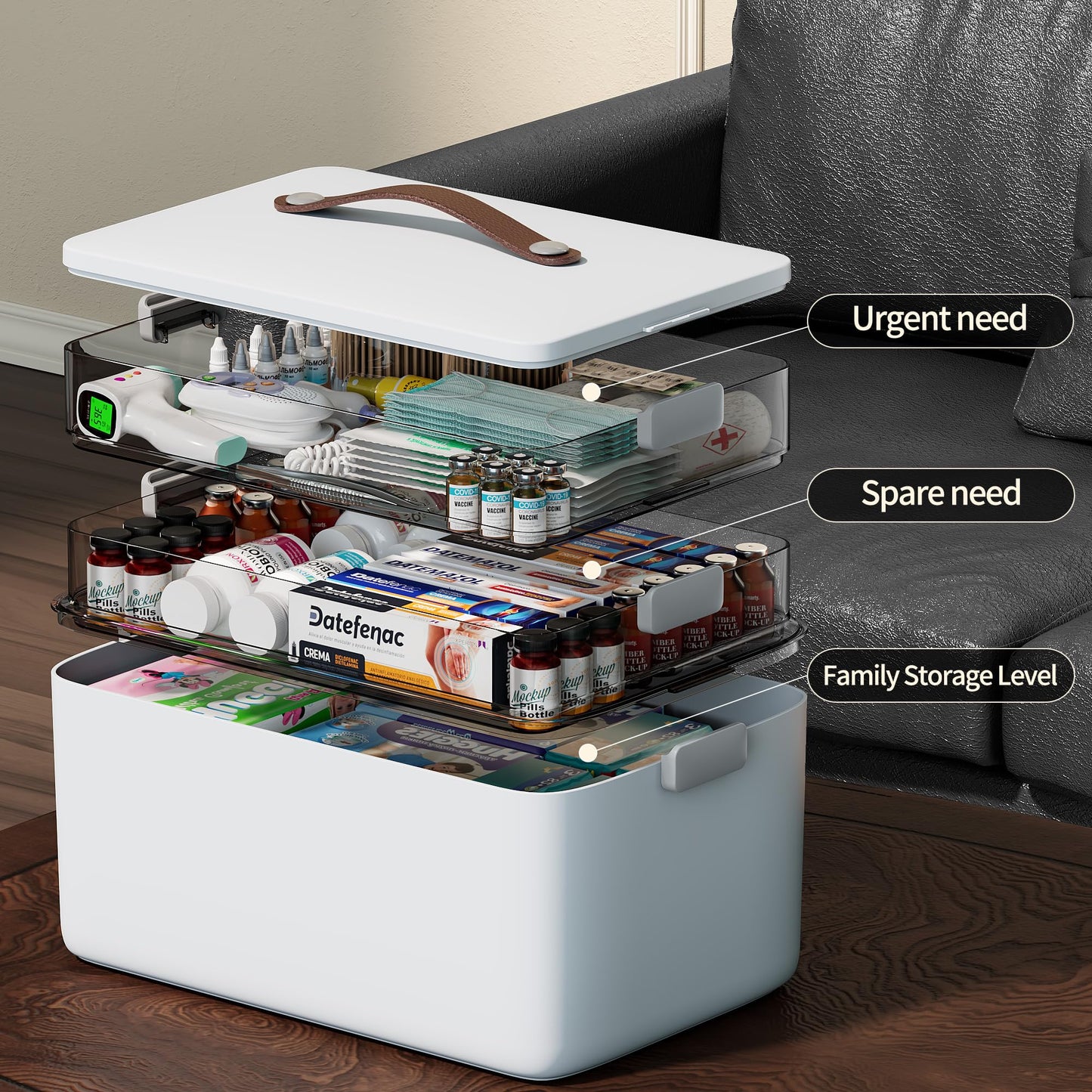 CTIME Extra Large Medicine Storage Box - 3-Tier Medication Organizer with Portable Leather Handle