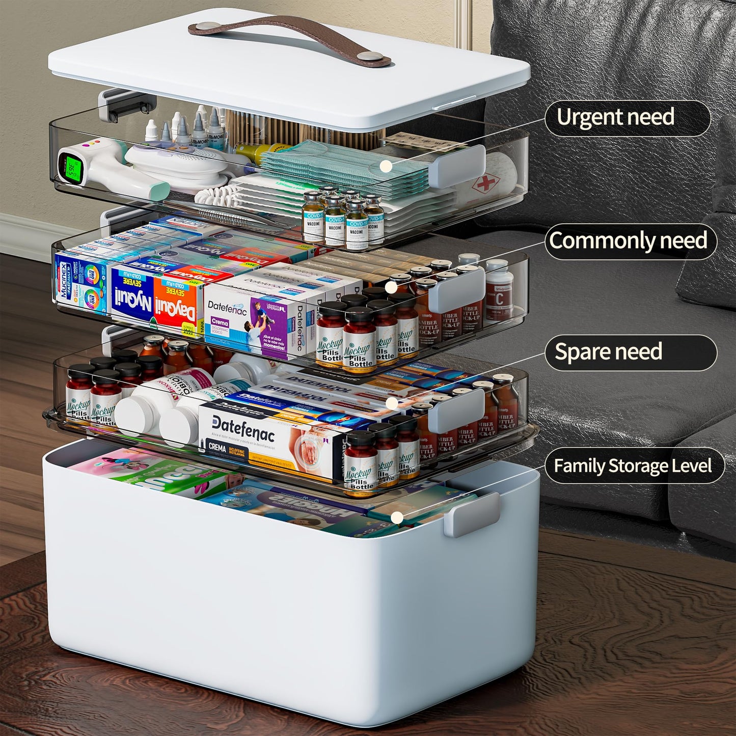 CTIME Extra Large 4 -Tier Medication Organizer - Portable with Leather Handle, Ideal for Household and Travel 14.6 x 9.6 x 12. 6 in Family First Aid