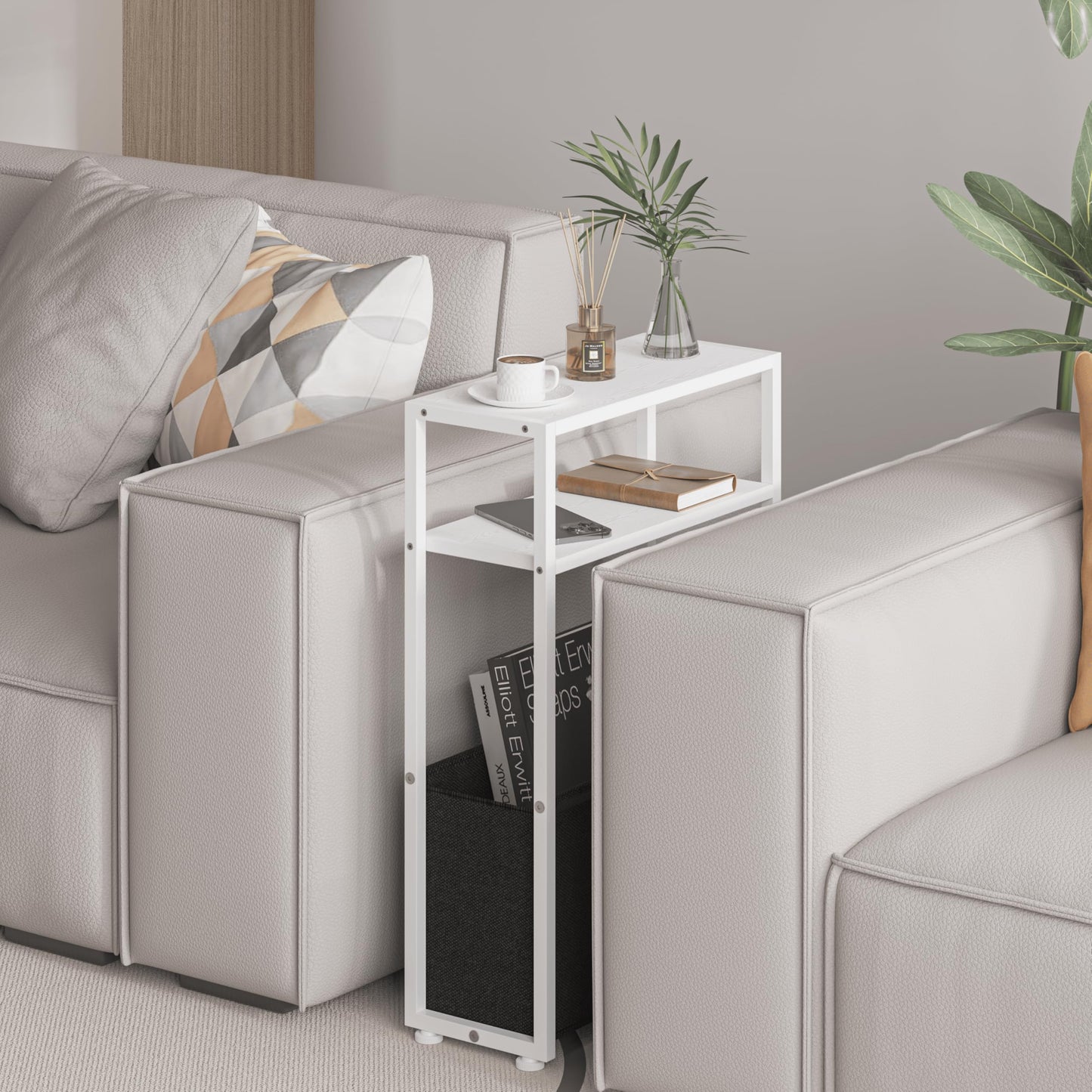 JERX Narrow Side Table with Fabric Basket, End Table for Small Spaces, Slim Side Table with Magazine Rack for Living Room Office Bedroom and Bathroom