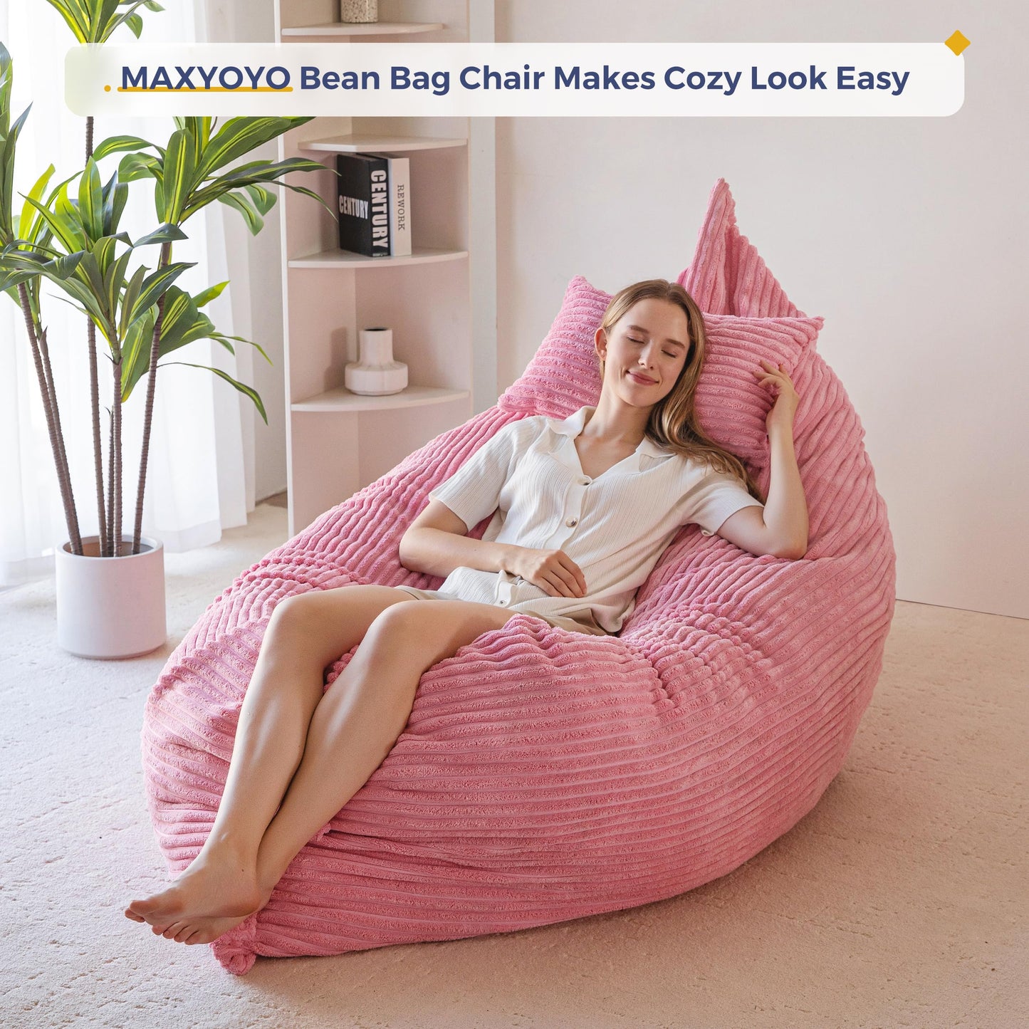 MAXYOYO Giant Bean Bag with Pillow, Soft Corduroy Removable Cover, Large Floor Cushion with Fluffy Foam Filling, BeanBag Chair for Adults & Kids