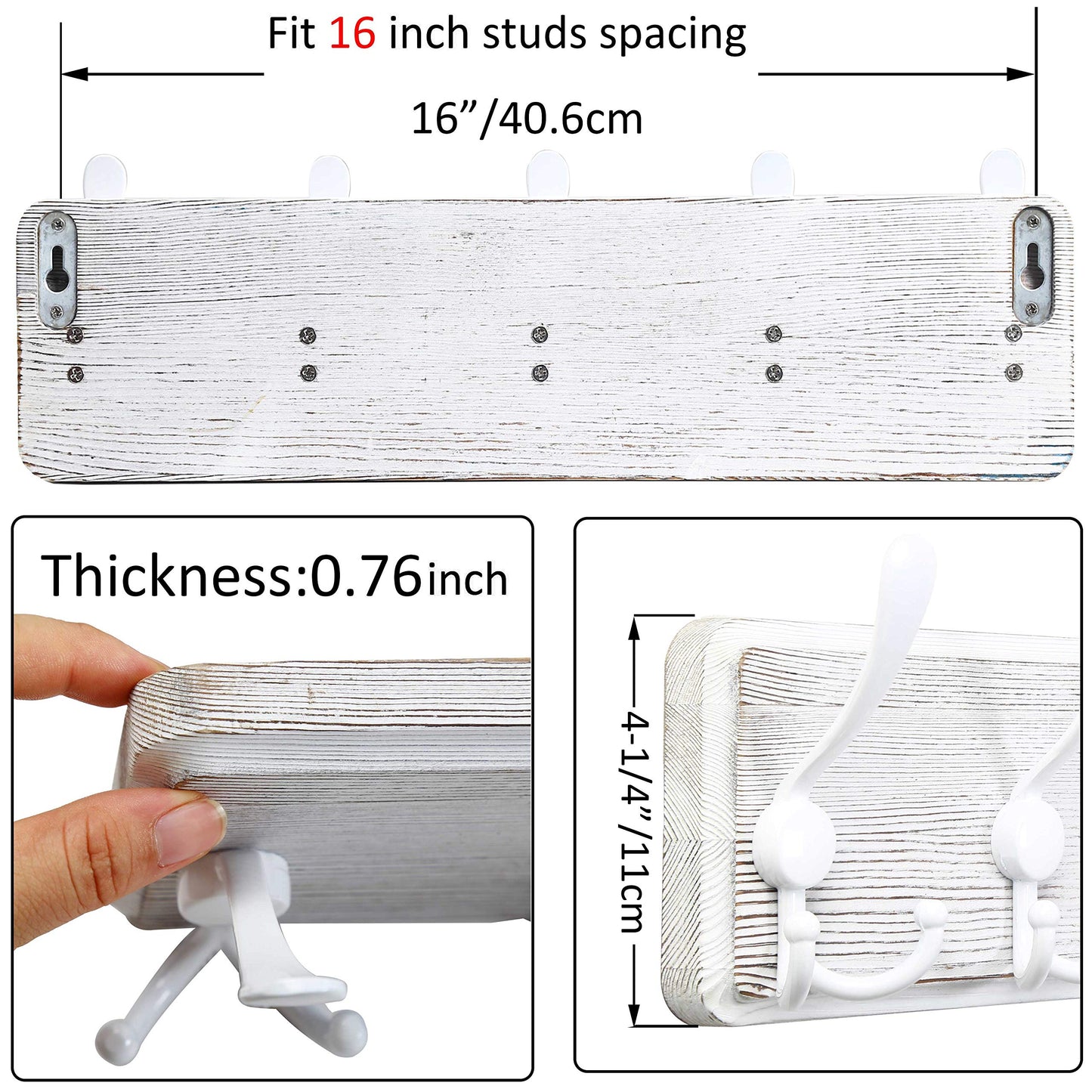 WEBI Coat Rack Wall Mounted,Wood Coat Hooks Wall Mount,16" Hole to Hole,Coat Hanger Wall Hook Rack Rail,5 Triple Hooks for Hanging