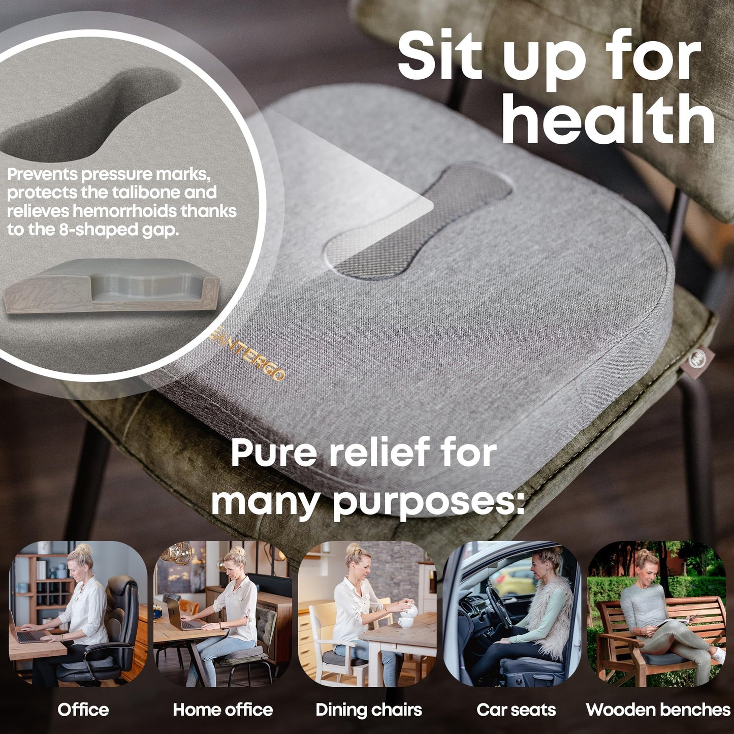 SANTERGO Orthopedic Seat cushion [PATENTED & STABLE] Lumbar Coccyx | Seat cover office chair car wheelchair | seat cushion, ergonomic back cushion