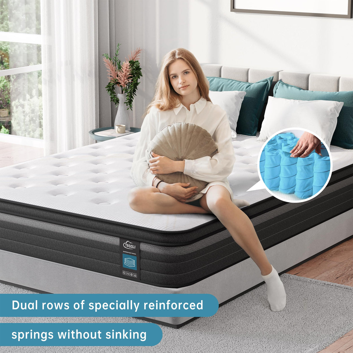 TeQsli Individually Pocket Sprung Double Mattress 4FT6 with Breathable Soft Fabric, 9 Inch Hybrid Mattress Double for Pressure & Back Pain Relief
