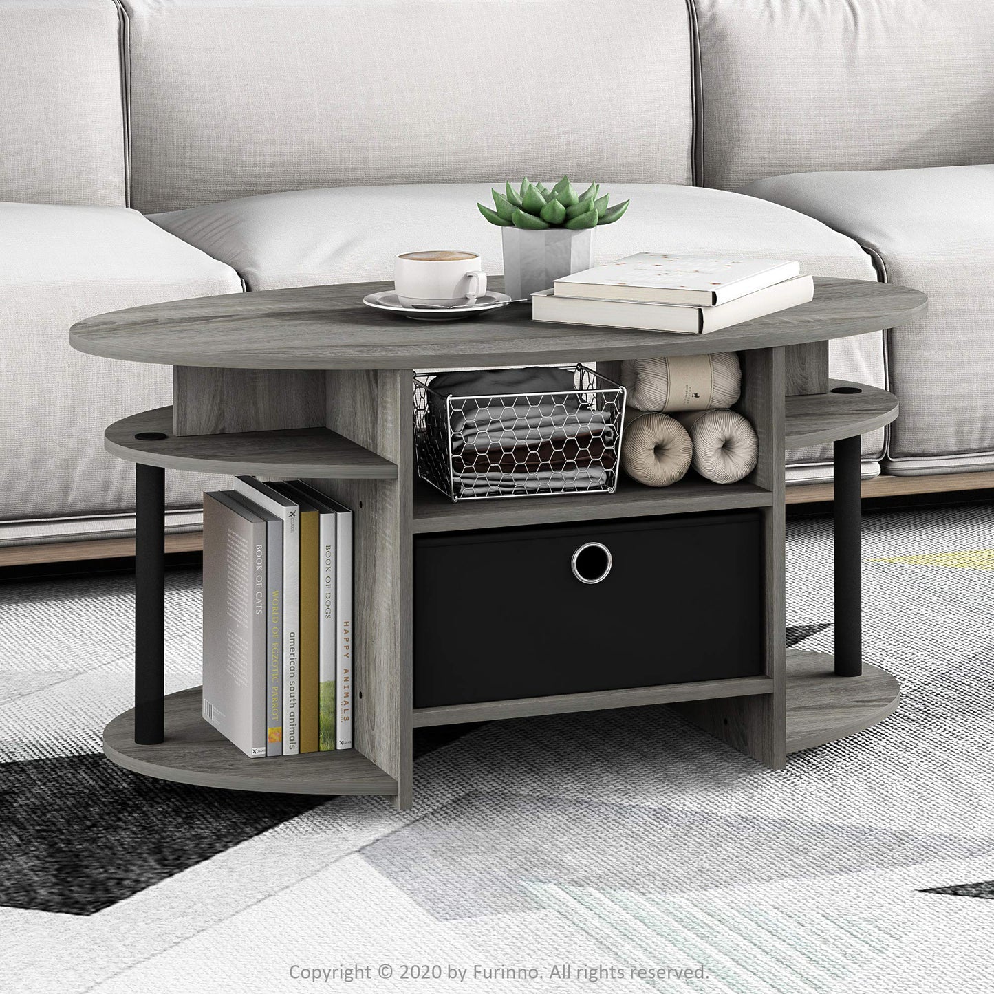 Furinno JAYA Coffee Table, Oval Modern Coffee Table with Shelves and Storage Bin, Side Table, for Living Room, Bedroom, Home Office, French Oak