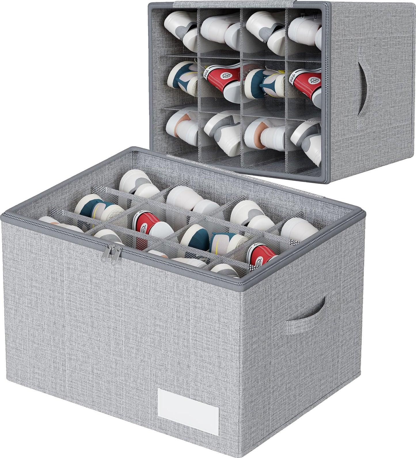 WANGIRL Fabric Shoe Storage Box, Fits 12 Pairs, Foldable Shoe Organiser for Wardrobe with Clear Lids, Bottom Support and Reinforced Handles