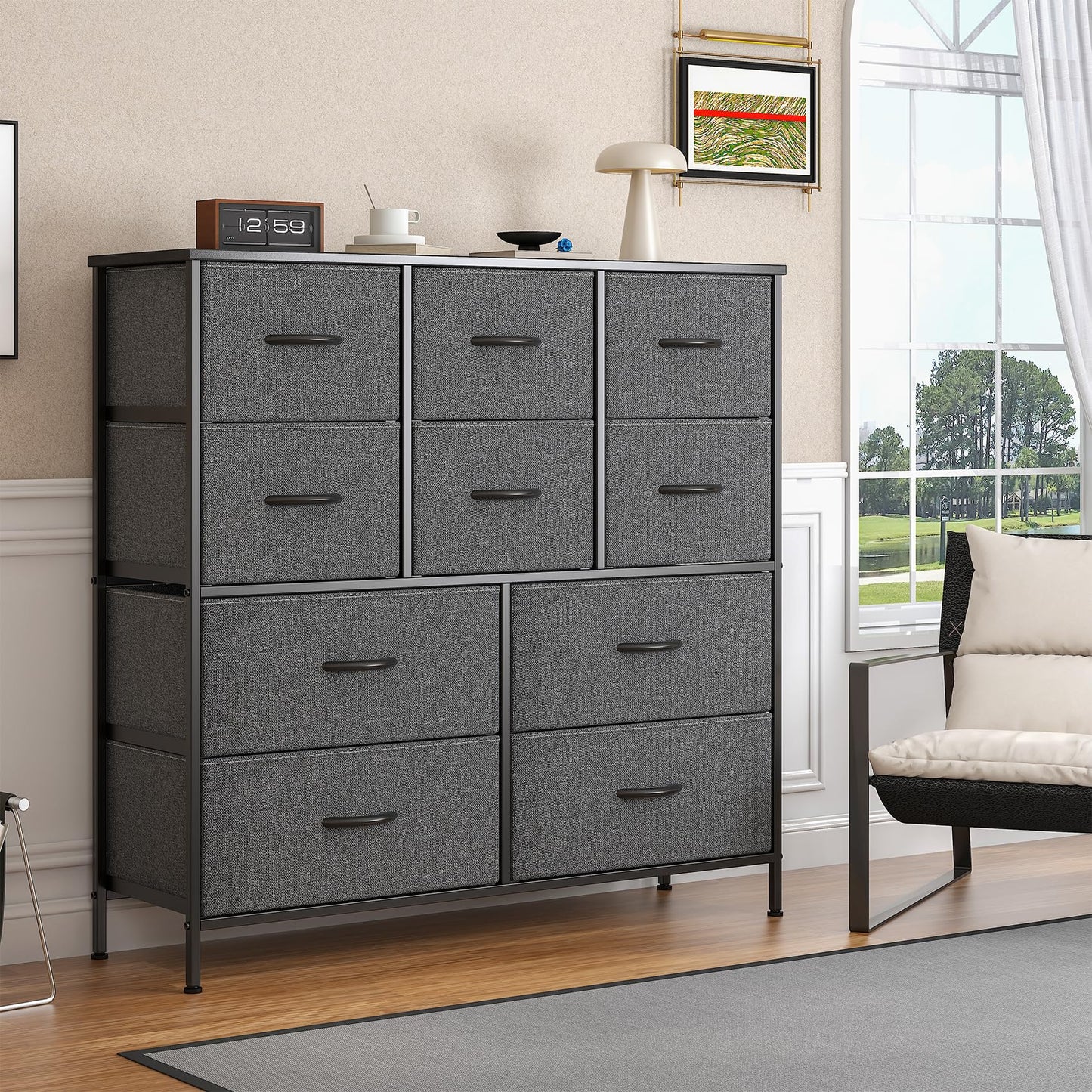 Feonase Chest of Drawers, Bedroom Tall Dresser with 10 Fabric Drawers, Metal Frame & MDF Wood Top, Adjustable Feet