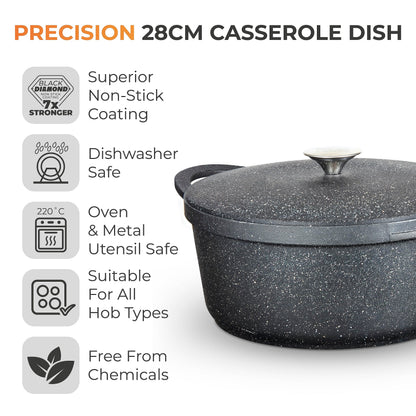 Tower T900192 Precision Casserole Dish with Aluminium Lid, Lightweight Cast Aluminium, 28cm, Black
