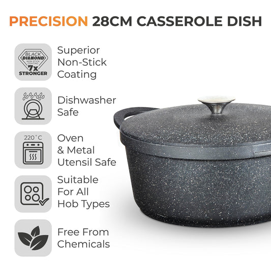 Tower T900192 Precision Casserole Dish with Aluminium Lid, Lightweight Cast Aluminium, 28cm, Black