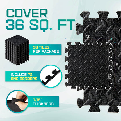 Yes4All M8RZ Interlocking Exercise Foam Mats with Border ? Interlocking Floor Mats for Gym Equipment ? Eva Interlocking Floor Tiles (Black)