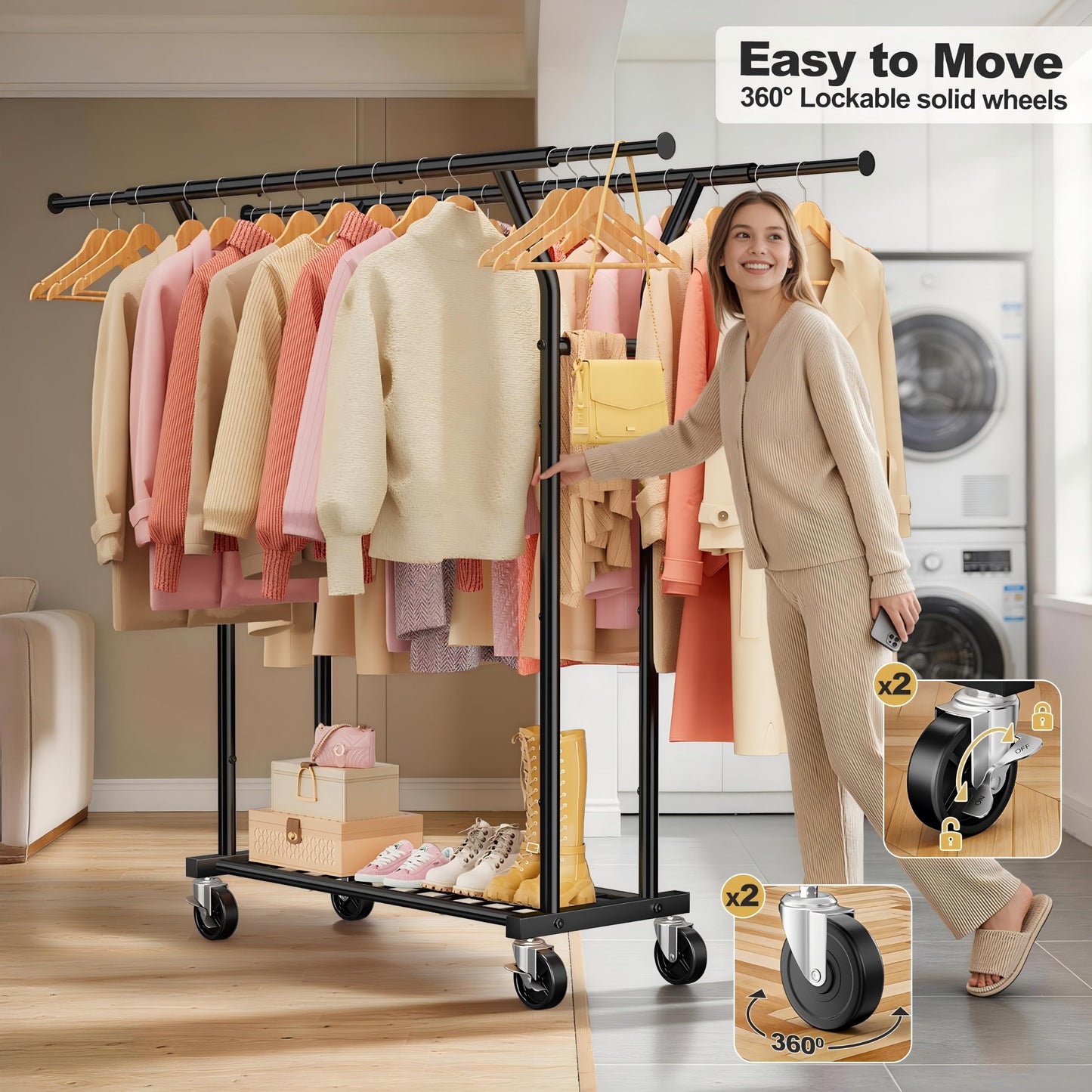 Clothes Rail Heavy Duty, Load 220 KG, Clothing Rail for Bedroom, Black