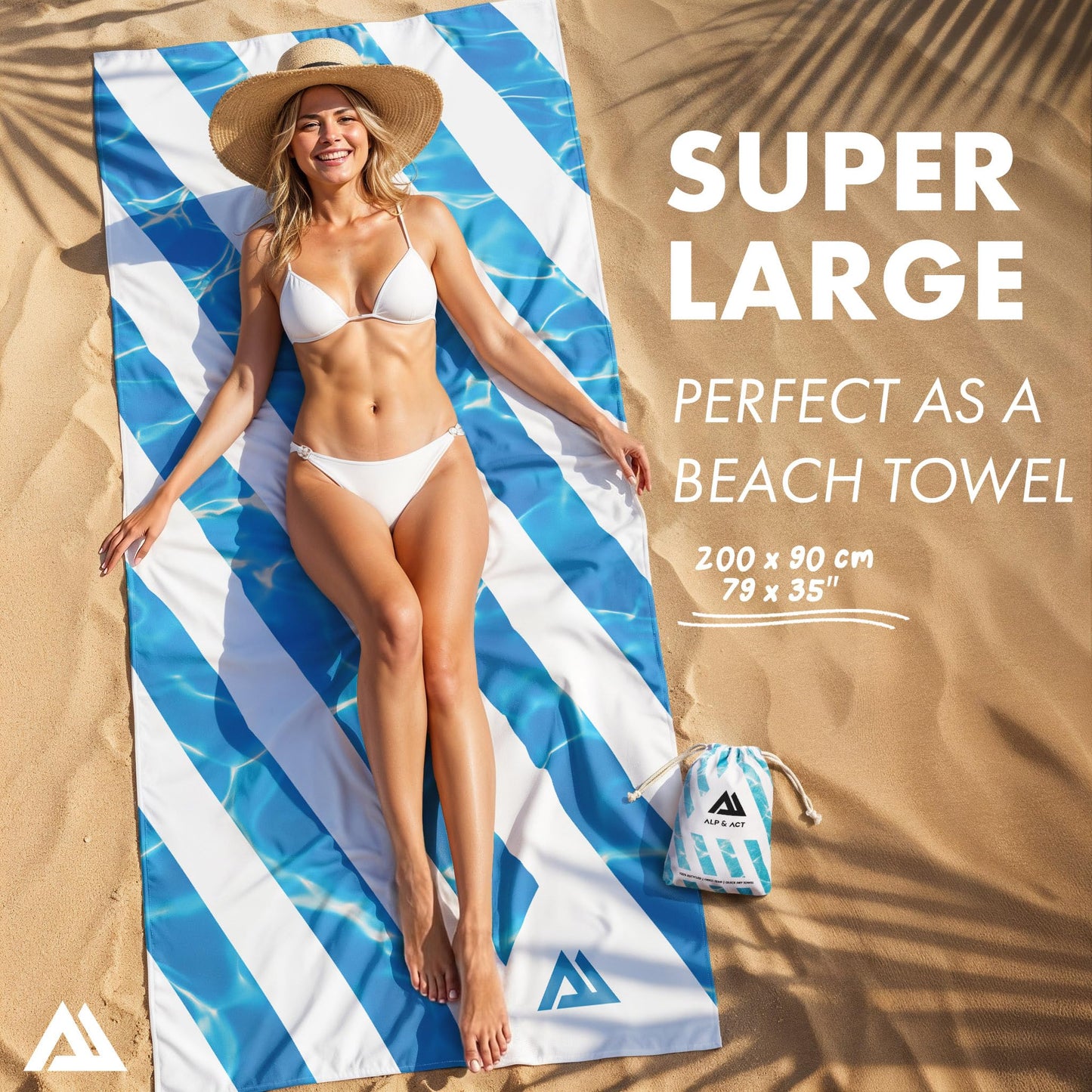 ALP & ACT Beach Towel XXL 200x90 cm - 100% Recycled Microfiber - SUPER LIGHTWEIGHT & Quick Dry - Large Microfiber Towels for Beach & Sun Lounger