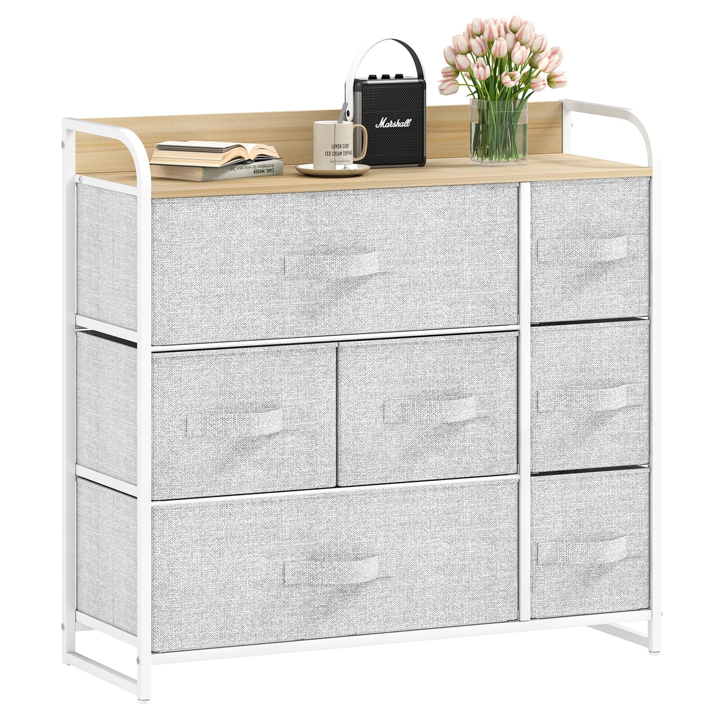 DWVO Chest of Drawers,Fabric Chest of Drawers Bedroom Cabinet with 7 Drawers,Dresser for Bedroom,Living Room With Handles,Wood Top and Sturdy Steel
